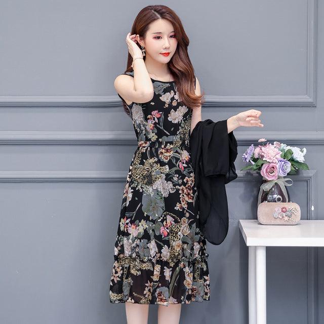 Large Size Summer Dress Women Floral Print Long Chiffon Dresses Two-Piece Set Womens Dresses Plus Size - HABASH FASHION