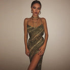 Maxi Strap backless slit elegant dress Snake print chiffon sexy women - HABASH FASHION