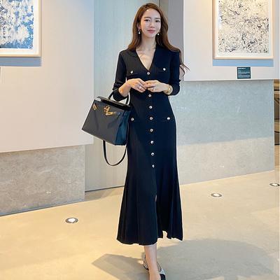 Black Korean Single-breasted Long Dress Women Long Sleeve V-neck Mermaid Dresses Elegant Fashion Ladies - HABASH FASHION