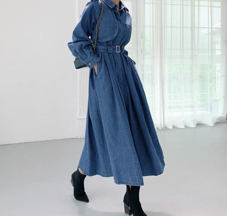 FREE SIZE Women A-line Long Denim Dress - HABASH FASHION