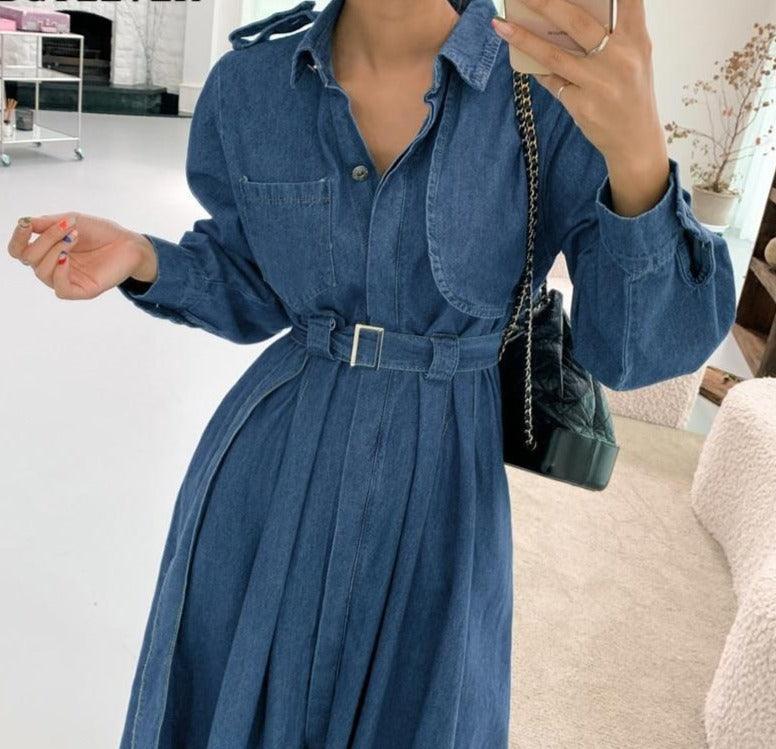 FREE SIZE Women A-line Long Denim Dress - HABASH FASHION