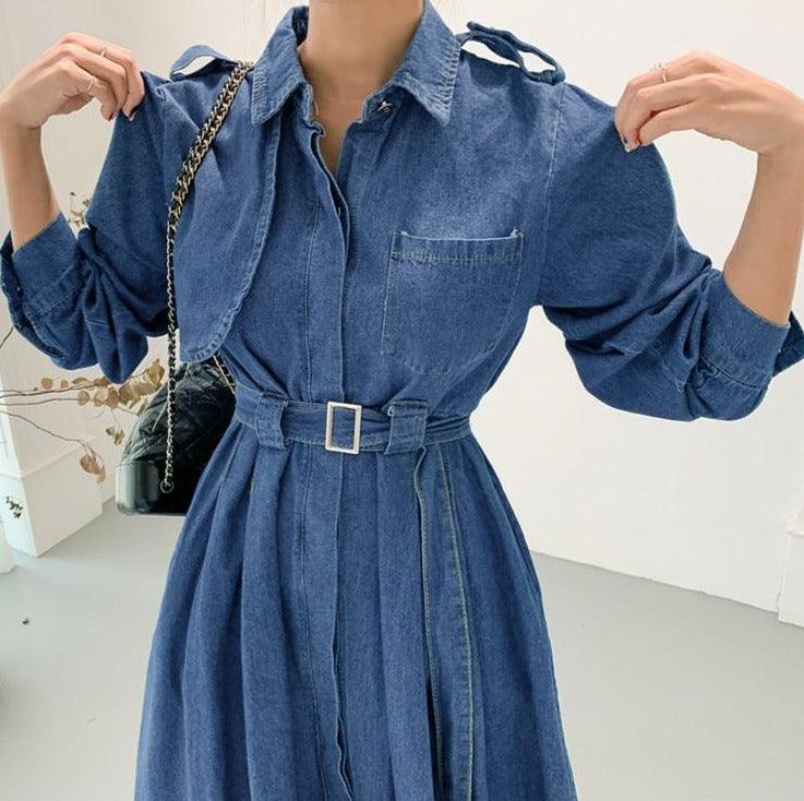 FREE SIZE Women A-line Long Denim Dress - HABASH FASHION