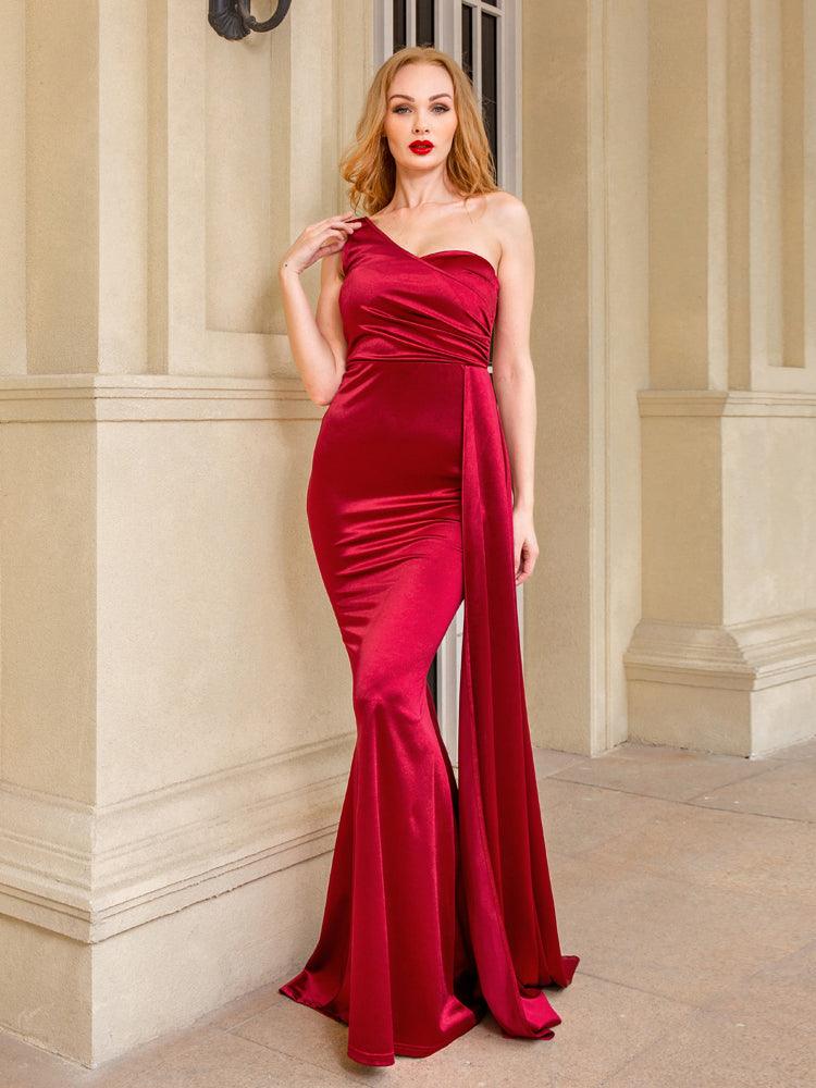 One shoulder lined satin maxi dress - HABASH FASHION