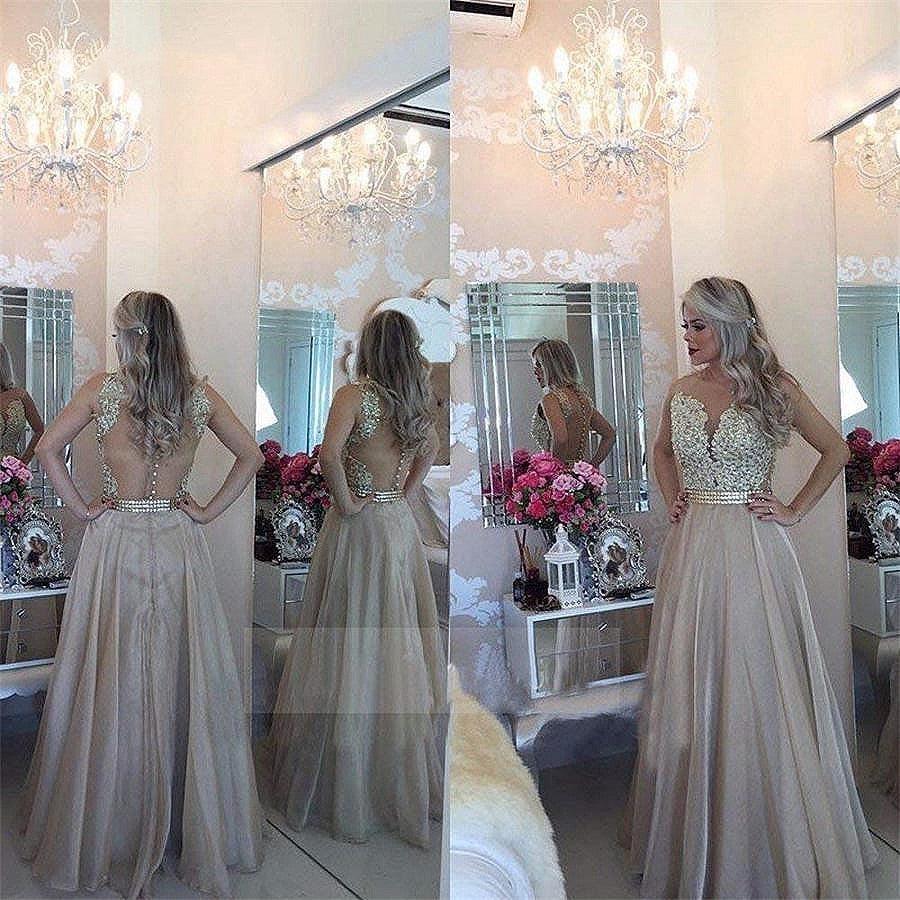 Sleeveless Sheer Back Lace Applique Chiffon Prom Dress - HABASH FASHION
