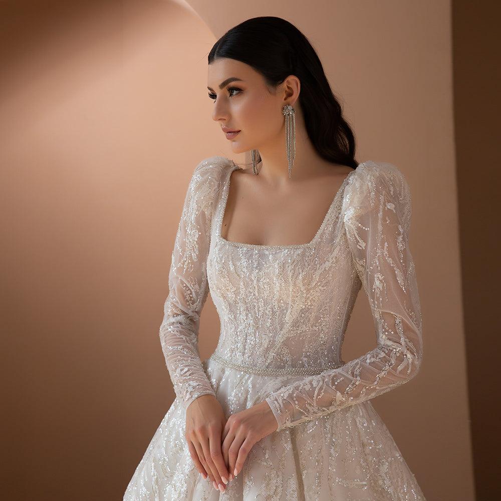 Long sleeve embellished embroidered wedding dress - HABASH FASHION