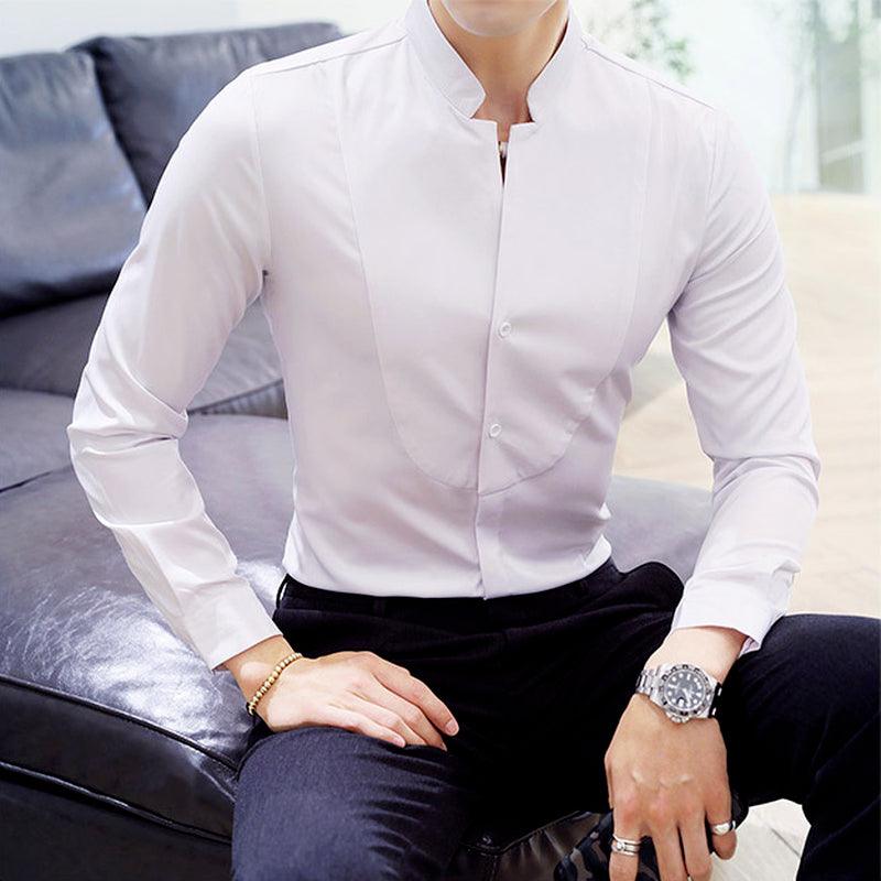 Men Long Sleeve Shirt High Quality Stand Collar Casual Slim Solid Color Summer - HABASH FASHION