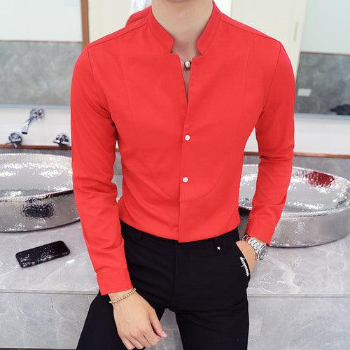 Men Long Sleeve Shirt High Quality Stand Collar Casual Slim Solid Color Summer - HABASH FASHION