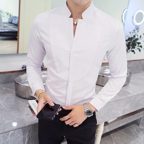 Men Long Sleeve Shirt High Quality Stand Collar Casual Slim Solid Color Summer - HABASH FASHION