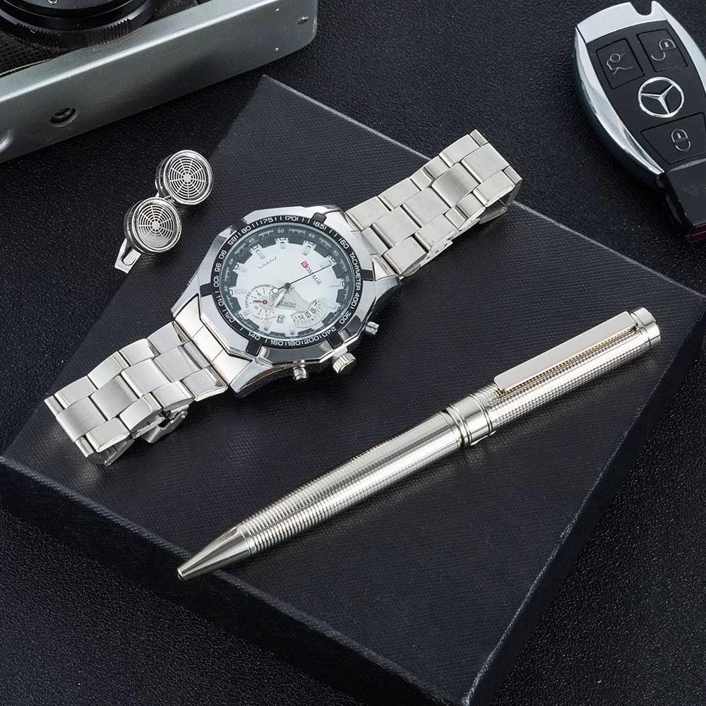 3Pcs Men Gifts Set Dial Watches With Cufflinks Signature Pen - HABASH FASHION