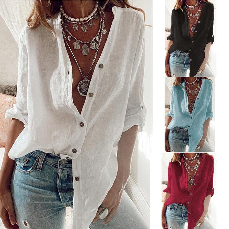 Fashion Linen Shirt Loose Button Roll Sleeve Blouse - HABASH FASHION