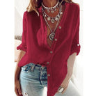 Fashion Linen Shirt Loose Button Roll Sleeve Blouse - HABASH FASHION