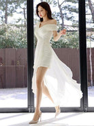 New elegant long white dress chiffon gauze one shoulder slant - HABASH FASHION