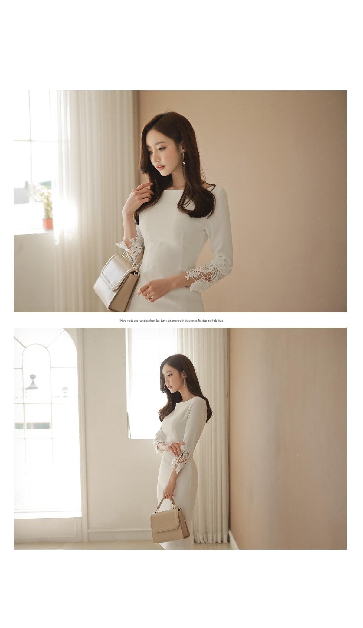 Dress Lace Sleeve White - HABASH FASHION