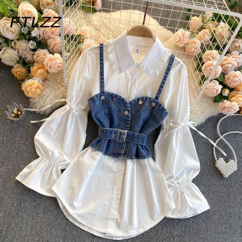 Bubble Sleeve Loose Denim Camisole Two-piece Suit Blouse Women - HABASH FASHION