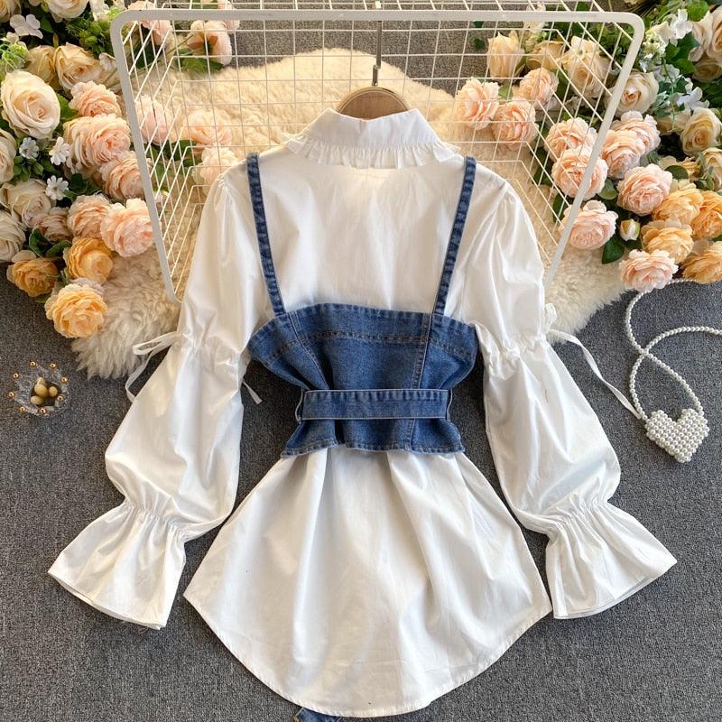 Bubble Sleeve Loose Denim Camisole Two-piece Suit Blouse Women - HABASH FASHION