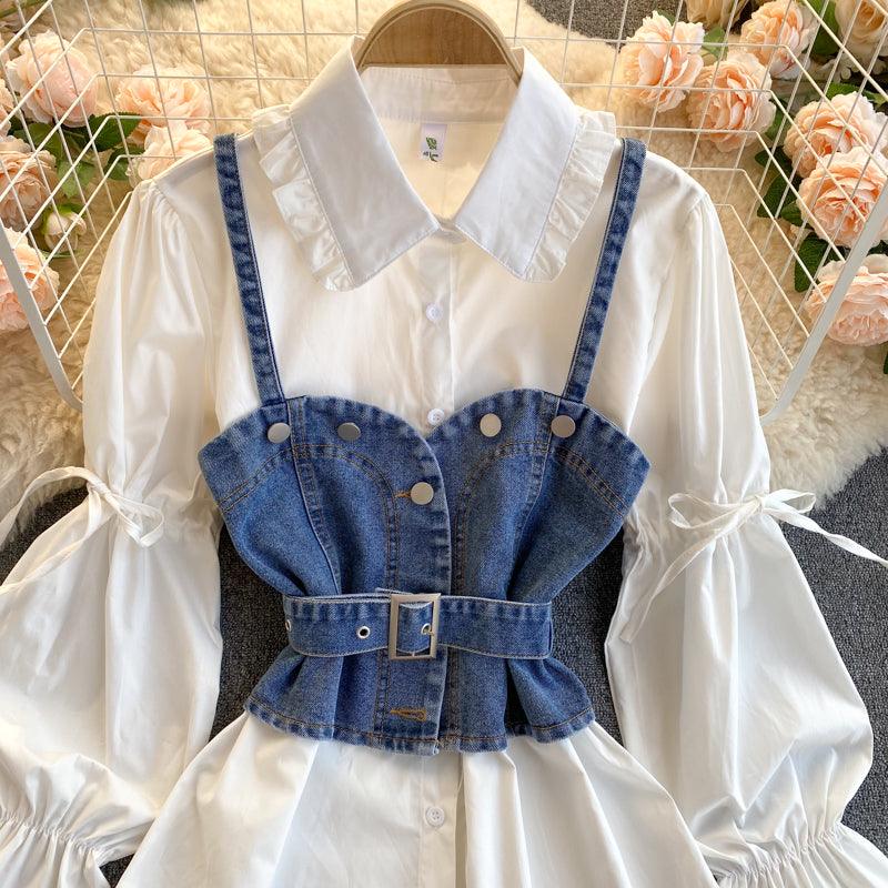 Bubble Sleeve Loose Denim Camisole Two-piece Suit Blouse Women - HABASH FASHION