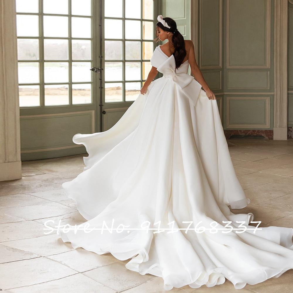 One-shoulder organza wedding dress with a simple slit with a bow-back - HABASH FASHION