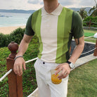 Men Short Sleeve Polo Contrast Stripes Lapel Top - HABASH FASHION