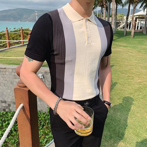 Men Short Sleeve Polo Contrast Stripes Lapel Top - HABASH FASHION