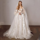 Puffy Sleeves Floral 3D Neck A-Line Lace Wedding Dress - HABASH FASHION