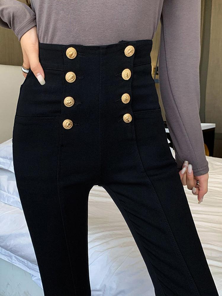 New Women's High Elastic Double Breasted High Waist Tight Leggings Trousers - HABASH FASHION