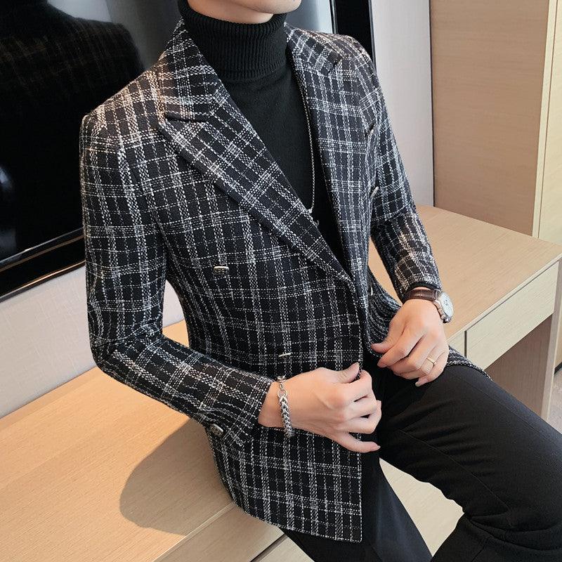 Men Blazer Suit Jacket Plaid Casual Double - HABASH FASHION