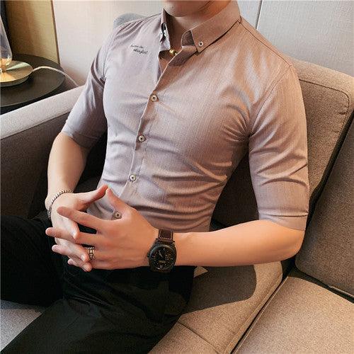 Men Embroidery Shirt Striped Casual Short Sleeve Cotton Business - HABASH FASHION