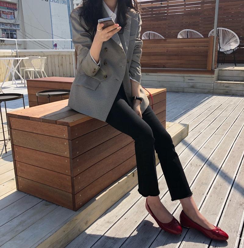 Classic Plaid Double Breasted Women Jacket Blazer Notched Collar Female Suits Coat - HABASH FASHION