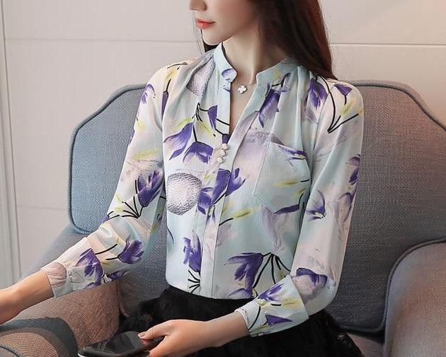 Long sleeve print shirt Fashion women blouse chiffon - HABASH FASHION