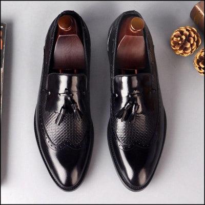 British Genuine Leather Handmade Shose Man Formal Dress Carved Wingtip Shoes Loafers Round Toe Slip on Men's Brogue Footwear - habash-fashion.myshopify.com