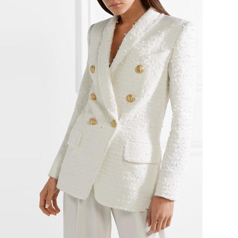 Designer Blazer Women's Metal Buttons Shawl Collar Wool Blends Tweed Blazer Coat - HABASH FASHION