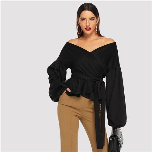 Elegant Office Lantern Sleeve Surplice Peplum Off the Shoulder Solid Blouse - HABASH FASHION