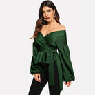 Elegant Office Lantern Sleeve Surplice Peplum Off the Shoulder Solid Blouse - HABASH FASHION