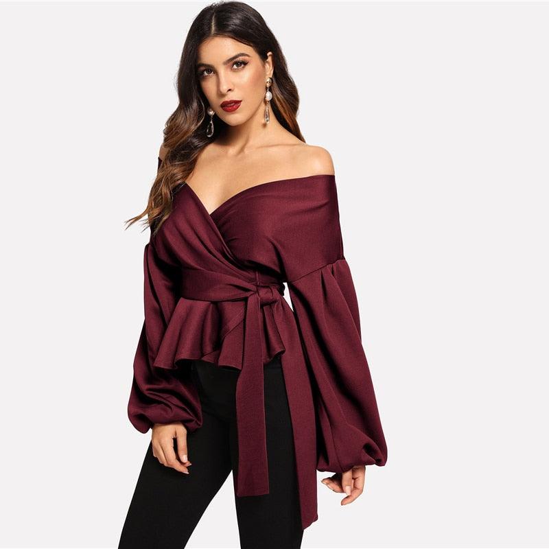 Elegant Office Lantern Sleeve Surplice Peplum Off the Shoulder Solid Blouse - HABASH FASHION